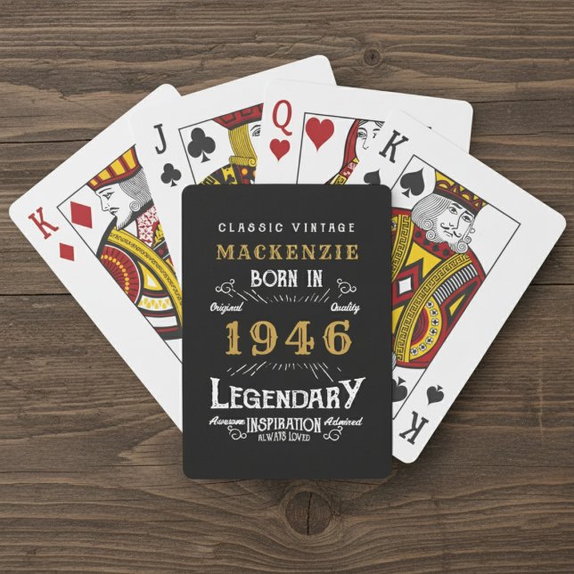 Jeu De Cartes 80th Birthday Born 1946 Legend Black Gold (Born 1946 playing cards. Wood  background.)