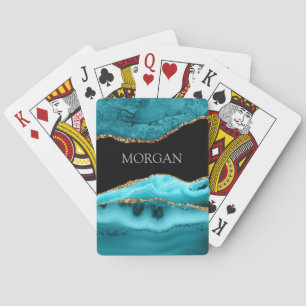 Jeu De Cartes Agate dorée et sarcelle, Paillettes, Nom gris sur