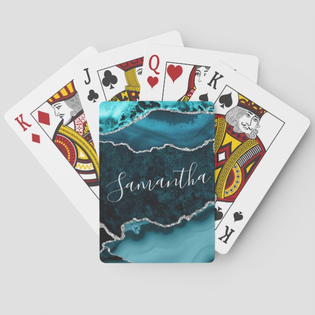 Jeu De Cartes Agate Marbrée Fausse Argent et Sarcelle (dos)
