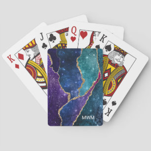 Jeu De Cartes Agate Monogramme Veines Or Bleu Violet Aqua