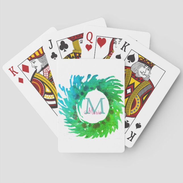 Jeu De Cartes Ajouter une couronne de Noël vert rose monogramme (dos)