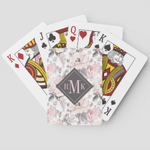 Jeu De Cartes Ajouter votre monogramme   Motif rose et gris clas
