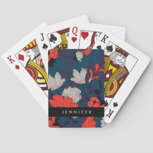 Jeu De Cartes Ajoutez votre nom Élégant motif floral bleu et r
