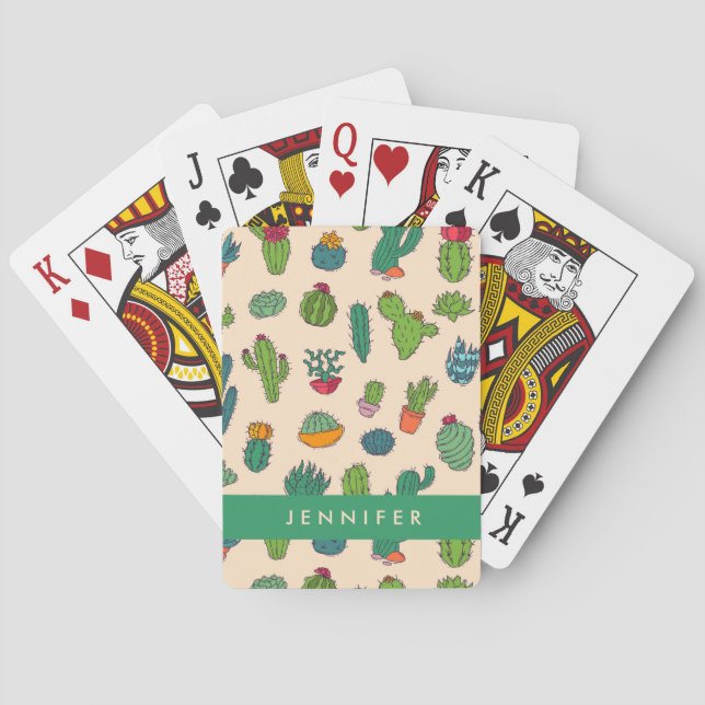 Jeu De Cartes Ajoutez votre nom | Motif debout de Cactus mignon (dos)