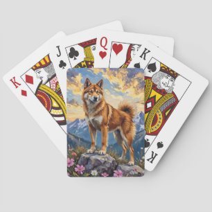 Jeu De Cartes Akita Américain Floral Montagne Coucher de Soleil