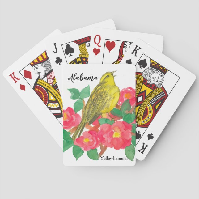 Jeu De Cartes Alabama Oiseau d'État Fleurs de Camellia Aquarelle (dos)