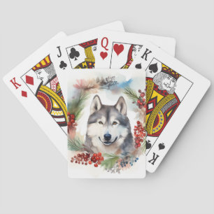 Jeu De Cartes Alaskan Malamute Festive de la couronne de Noël