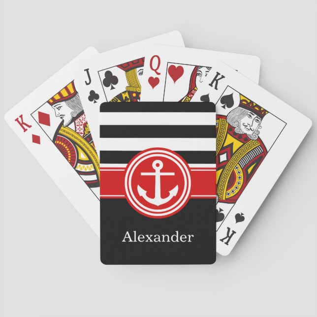 Jeu De Cartes Ancre à monogramme CB rayure rouge noir de rugby (dos)