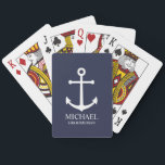 Jeu De Cartes Ancre Bleue marine Nautique Groomsmen personnalisé<br><div class="desc">Nautique Personnalisé Groomsmen Cadeau Ce design présente une ancre blanche et le nom de toiletteur personnalisé avec titre en blanc classique serif style police sur arrière - plan bleu marine. Aussi parfait pour le meilleur homme,  père de la mariée et plus.</div>