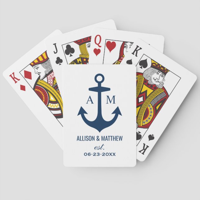 Jeu De Cartes Ancre marine moderne Blue Nautical Mariage Monogra (dos)