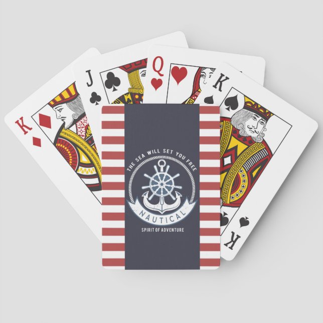 Jeu De Cartes Ancre nautique, Roue, Bleu marine, Bandes rouges (dos)