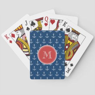 Jeu De Cartes Ancres Bleues de la Marine Motif, Monogramme Rouge