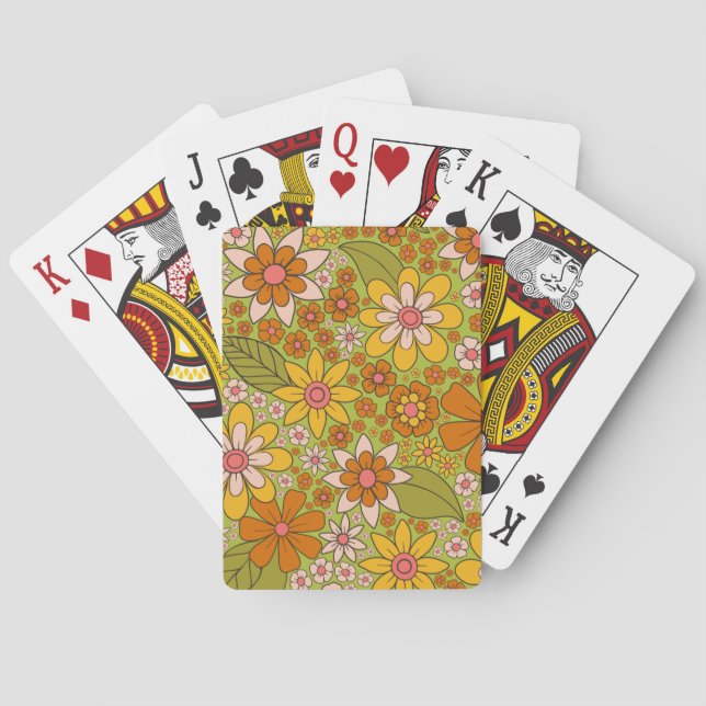 Jeu De Cartes Années 1960, 1970 Vert & Orange Retro Floral (dos)