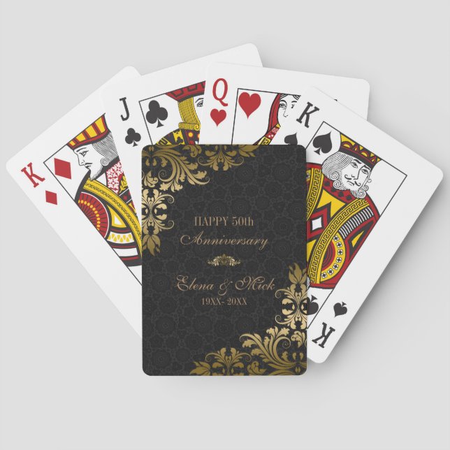 Jeu De Cartes Anniversaire de l'or - Black Damask Gold Swirls (dos)