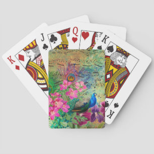 Jeu De Cartes Antique Illustré Paon & Fleurs Grunge