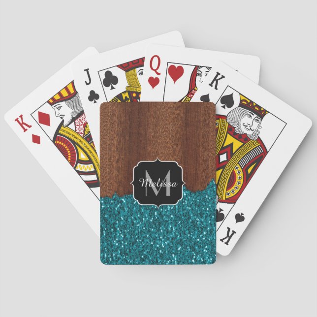 Jeu De Cartes Aqua bleu étincelle bois brun rustique Monogramme (dos)