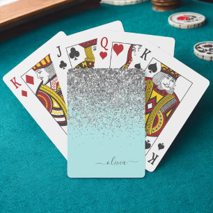 Jeu De Cartes Aqua Bleu Turquoise Argent Paillettes Monogramme