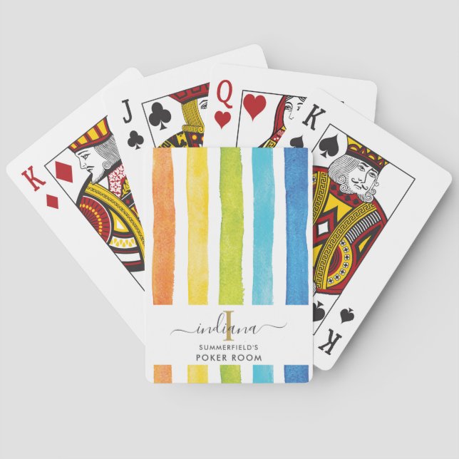 Jeu De Cartes Aquarelle arc-en-ciel rayures Monogramme Script (dos)