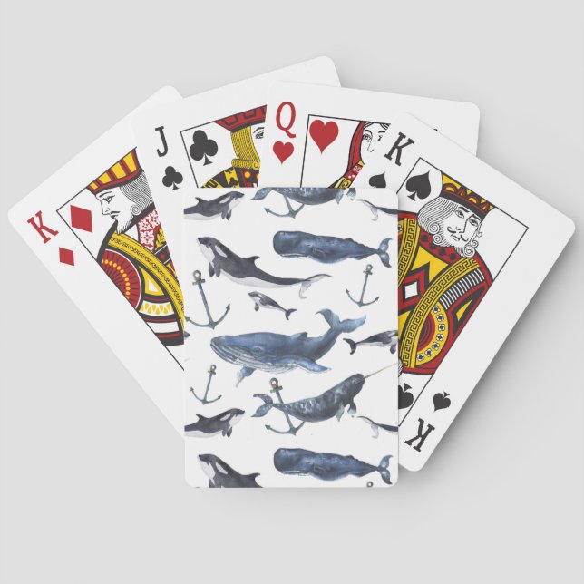 Jeu De Cartes Aquarelle Baleine et Motif d'Ancres (dos)