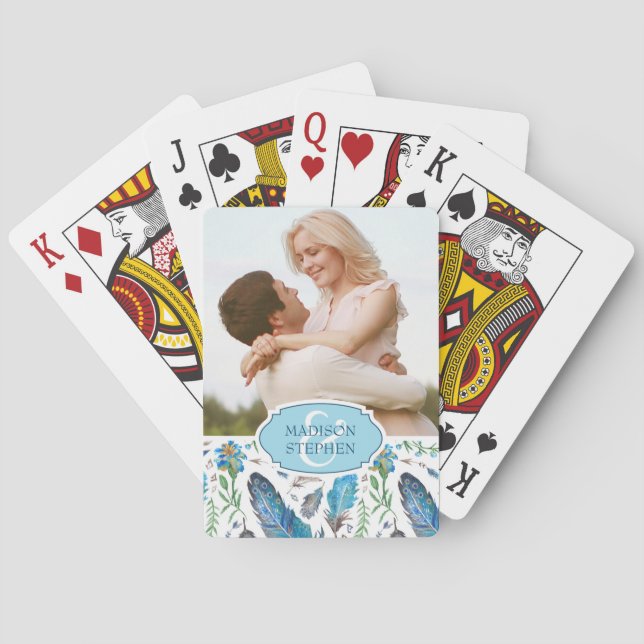 Jeu De Cartes Aquarelle bleu Boho Aztec - Photo Mariage (dos)
