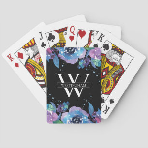 Jeu De Cartes Aquarelle bleu et violet Nom du monogramme floral