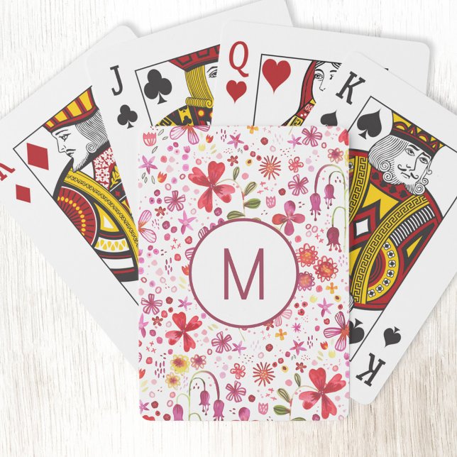 Jeu De Cartes Aquarelle de fleurs sauvages modernes de Monogramm (Modern monogram initial watercolor wildflower art playing cards)