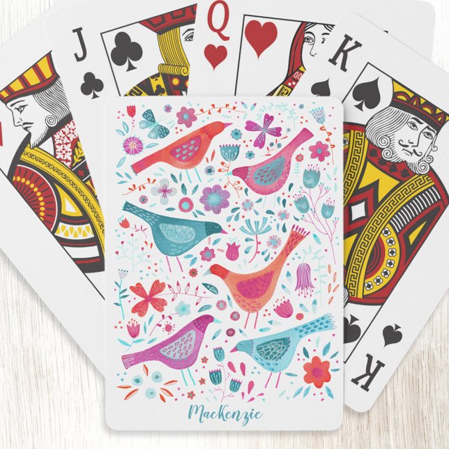 Jeu De Cartes Aquarelle d'oiseaux et de fleurs personnalisée (Personalized name script watercolor bird and wild flower art playing cards)