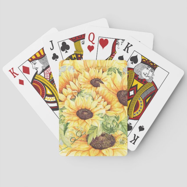 Jeu De Cartes Aquarelle Fleurs de soleil Jaunes Vert (dos)