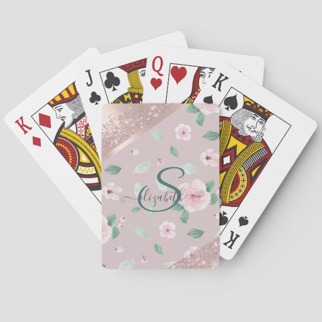 Jeu De Cartes Aquarelle Fleurs Rose or Monogramme (dos)