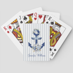 Jeu De Cartes aquarelle florale bleue rayures nautiques modernes