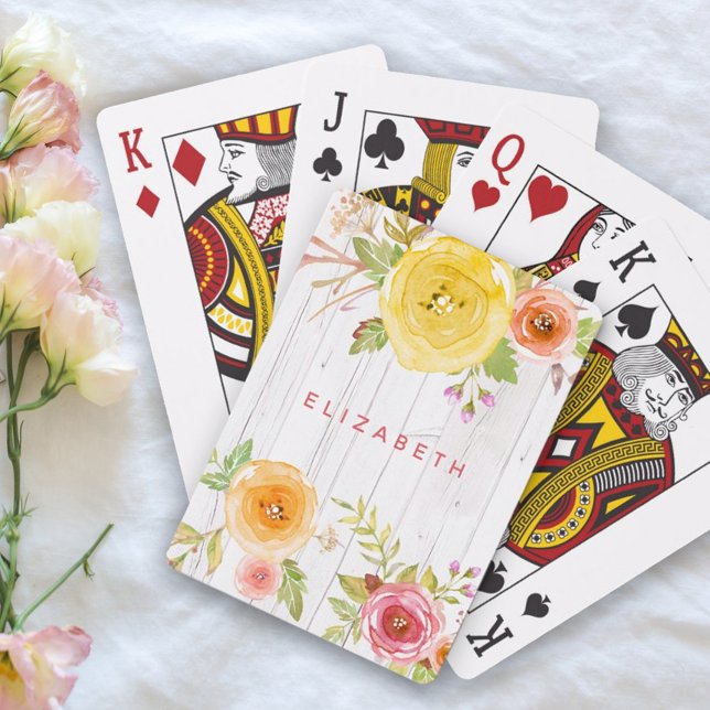 Jeu De Cartes Aquarelle jaune rose floral, bois blanc (Créateur téléchargé)