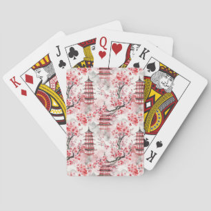 Jeu De Cartes Aquarelle Pagode chinoise aux fleurs de cerisiers 