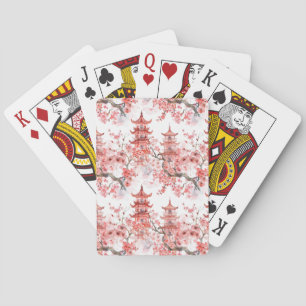Jeu De Cartes Aquarelle Pagode chinoise avec fleurs de cerisiers