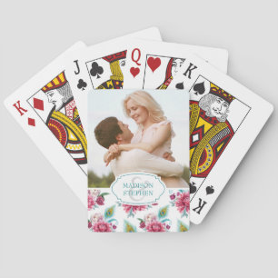 Jeu De Cartes Aquarelle Peacock & Flore rouge - Photo Mariage