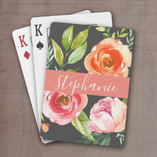 Jeu De Cartes Aquarelle peinte Motif Floral Nom personnalisé