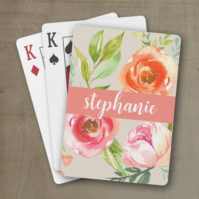 Jeu De Cartes Aquarelle peinte Motif Floral Nom personnalisé (Personalized playing cards with watercolor flowers and a place for a name)
