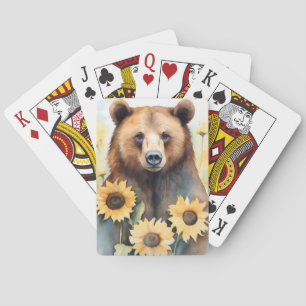 Jeu De Cartes Aquarelle Peinture Ours Brown Et Fleurs De Soleil