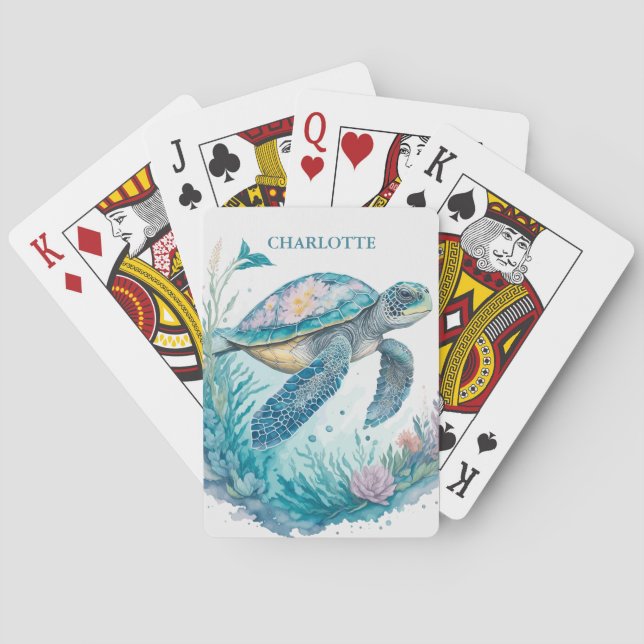 Jeu De Cartes Aquarelle personnalisée Tortue marine Animal marin (dos)