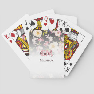 Jeu De Cartes Aquarelle rose Roses jaunes sur noir, Monogramme
