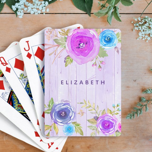 Jeu De Cartes Aquarelle rose violet fleurie rustique bois pays (Créateur téléchargé)