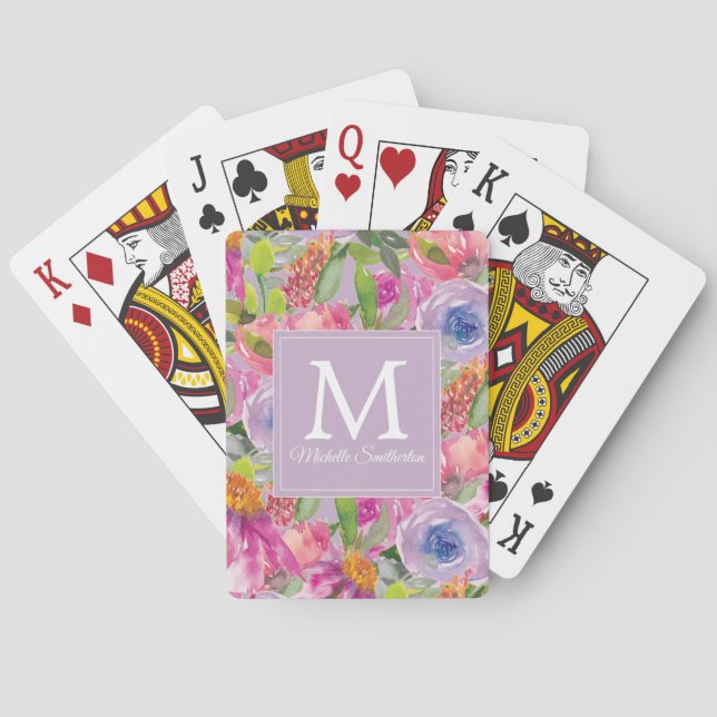 Jeu De Cartes Aquarelle rose violet Fleurs sauvages Monogramme (dos)