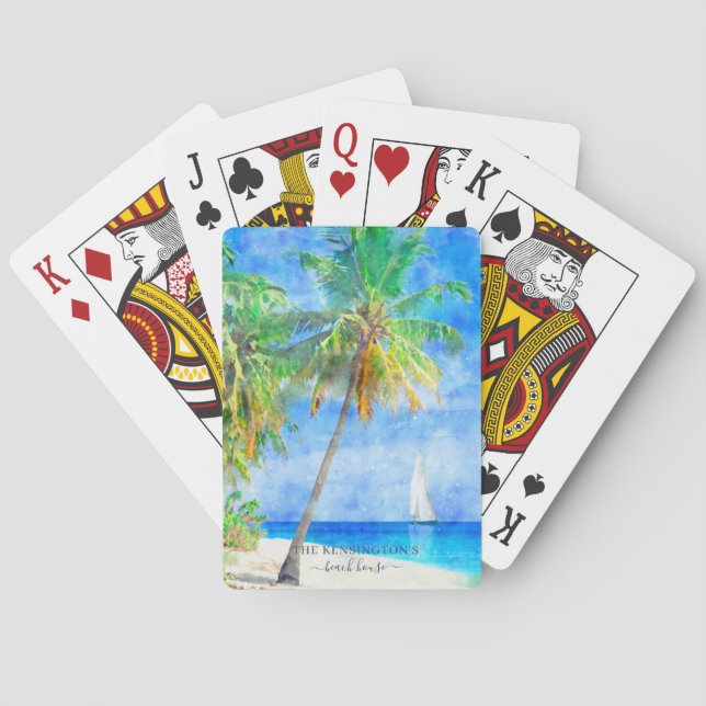 Jeu De Cartes Aquarelle Tropical Island Beach avec Palm Tree (dos)