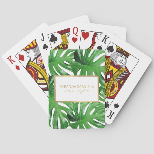 Jeu De Cartes Aquarelle Tropical Monstera Feuilles Personnalisé (dos)