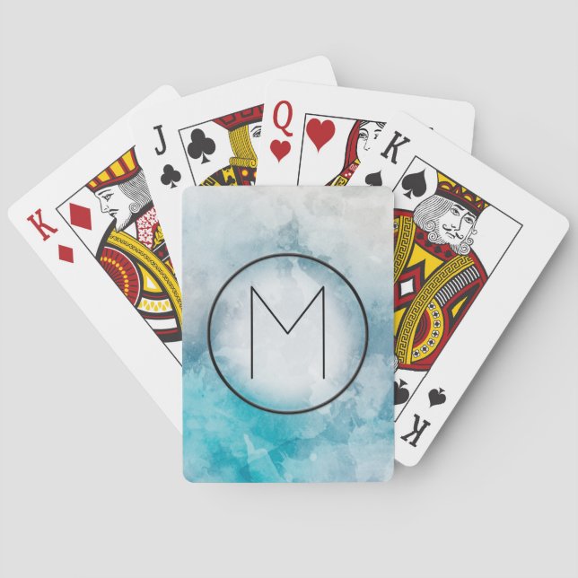 Jeu De Cartes Aquarelle turquoise et gris clair Monogramme (dos)