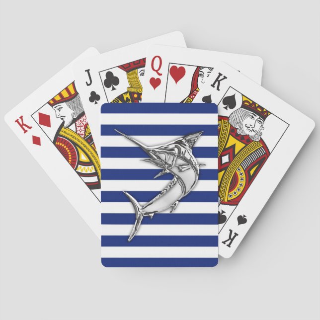 Jeu De Cartes Argent Marlin espadon sur les rayures de marine (dos)
