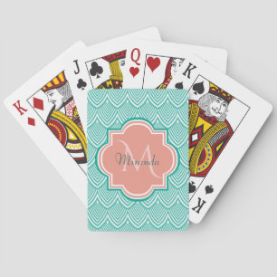 Jeu De Cartes Art Déco Écailles de Poisson Vert Turquoise Monogr