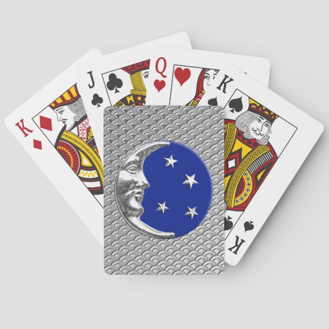 Jeu De Cartes Art Déco Lune et Etoiles, Bleu Cobalt et Argent (dos)