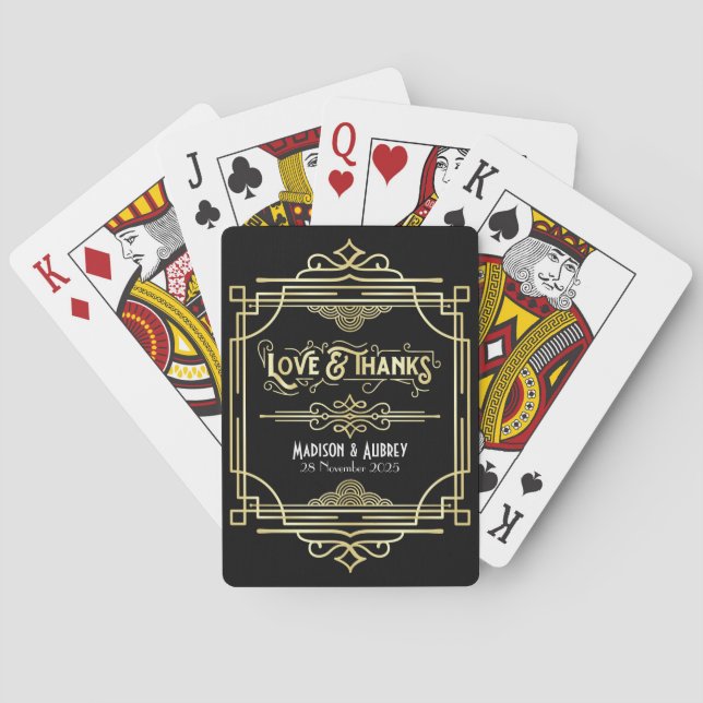 Jeu De Cartes Art Déco Mariage Amour & Merci Gold Black Faveur (dos)