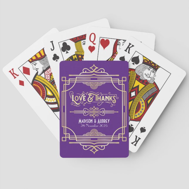 Jeu De Cartes Art Déco Mariage Love & Merci Gold Purple Favore (dos)