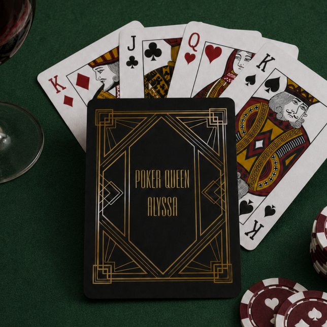 Jeu De Cartes Art Déco Noir et Or (elegant art deco black gold poker queen playing cards with custom monogram name)